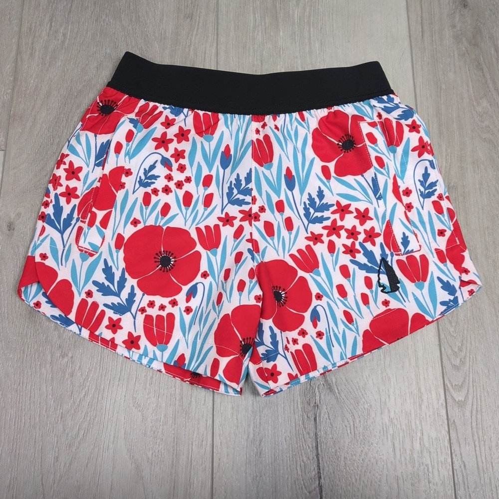 Tachuntfish V2 Athletic Shorts Womens Extra Small Red Blue 4" Inseam Floral Gym